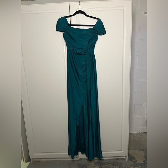 Faeriesty Teal Off the Shoulder High Slit Evening Gown - Picture 2 of 12